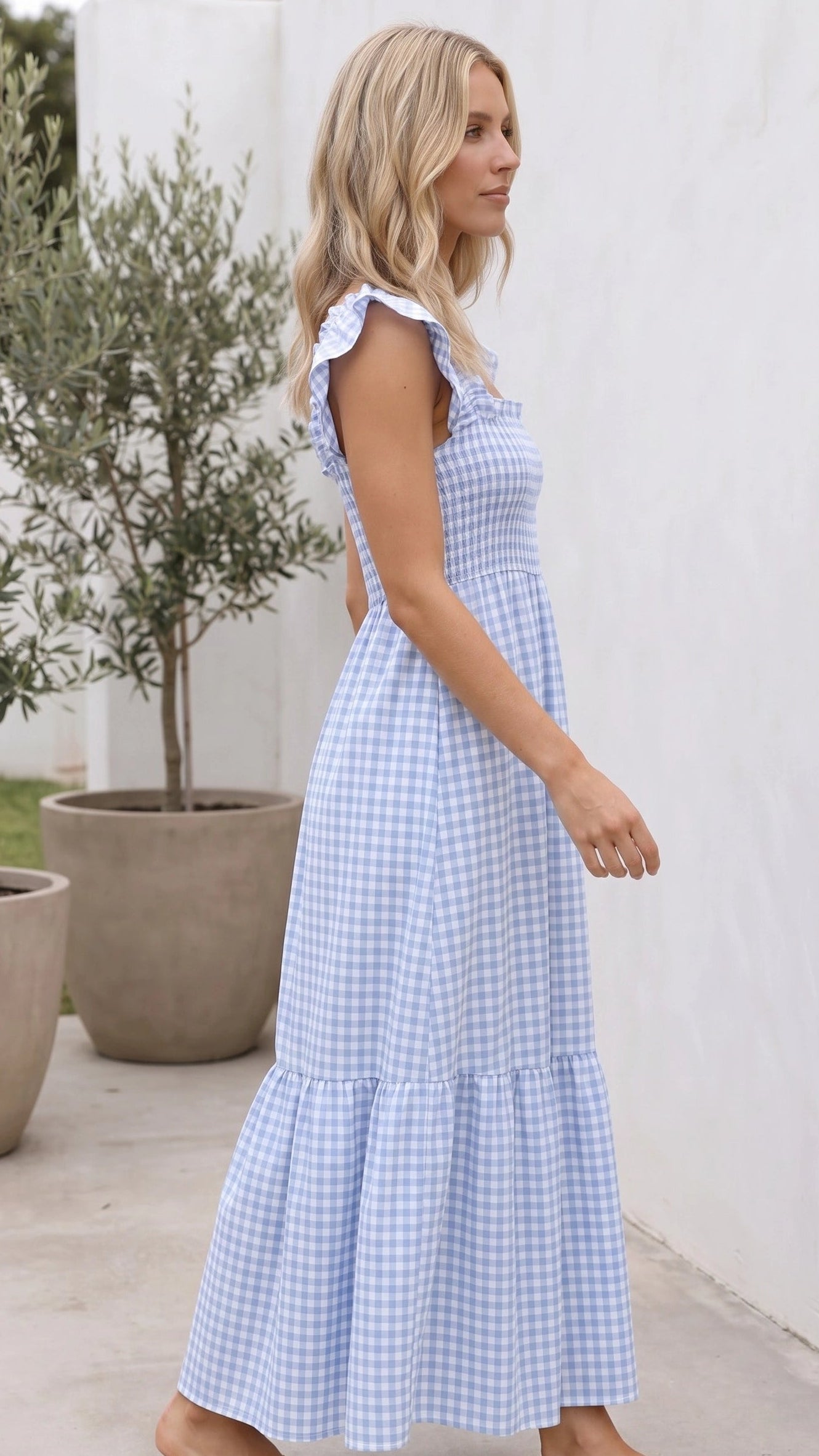 Women’s Square Neck Smocked Gingham Ruffle Sleeve A Line Maxi Dress