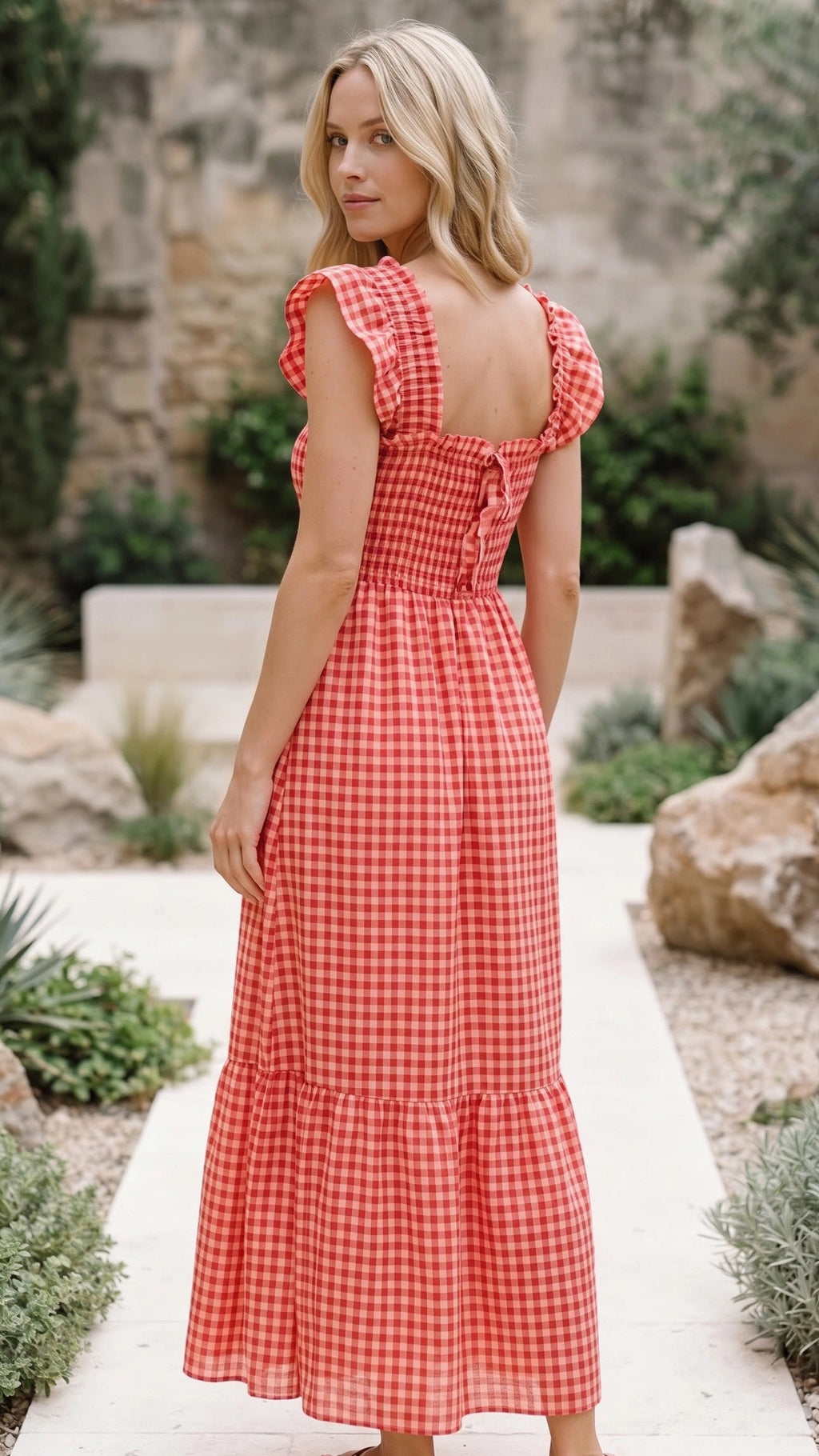 Women’s Square Neck Smocked Gingham Ruffle Sleeve A Line Maxi Dress
