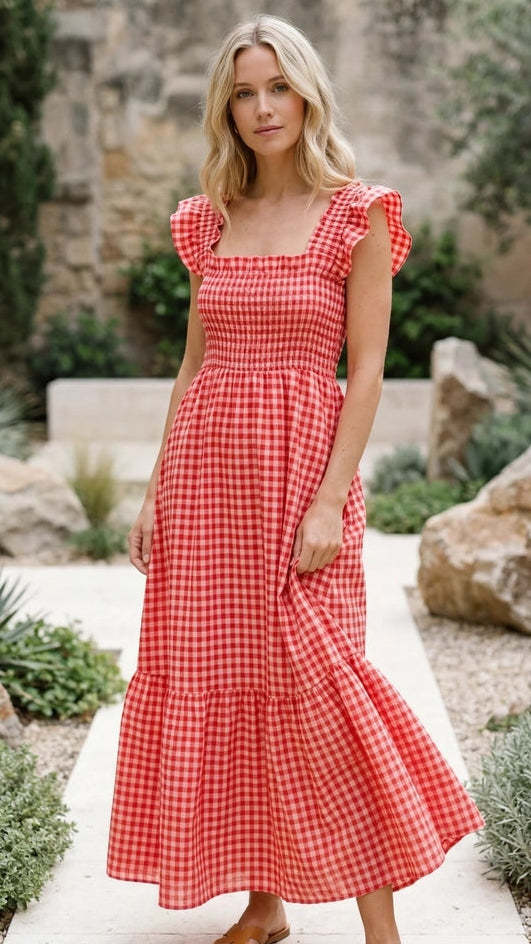 Women’s Square Neck Smocked Gingham Ruffle Sleeve A Line Maxi Dress