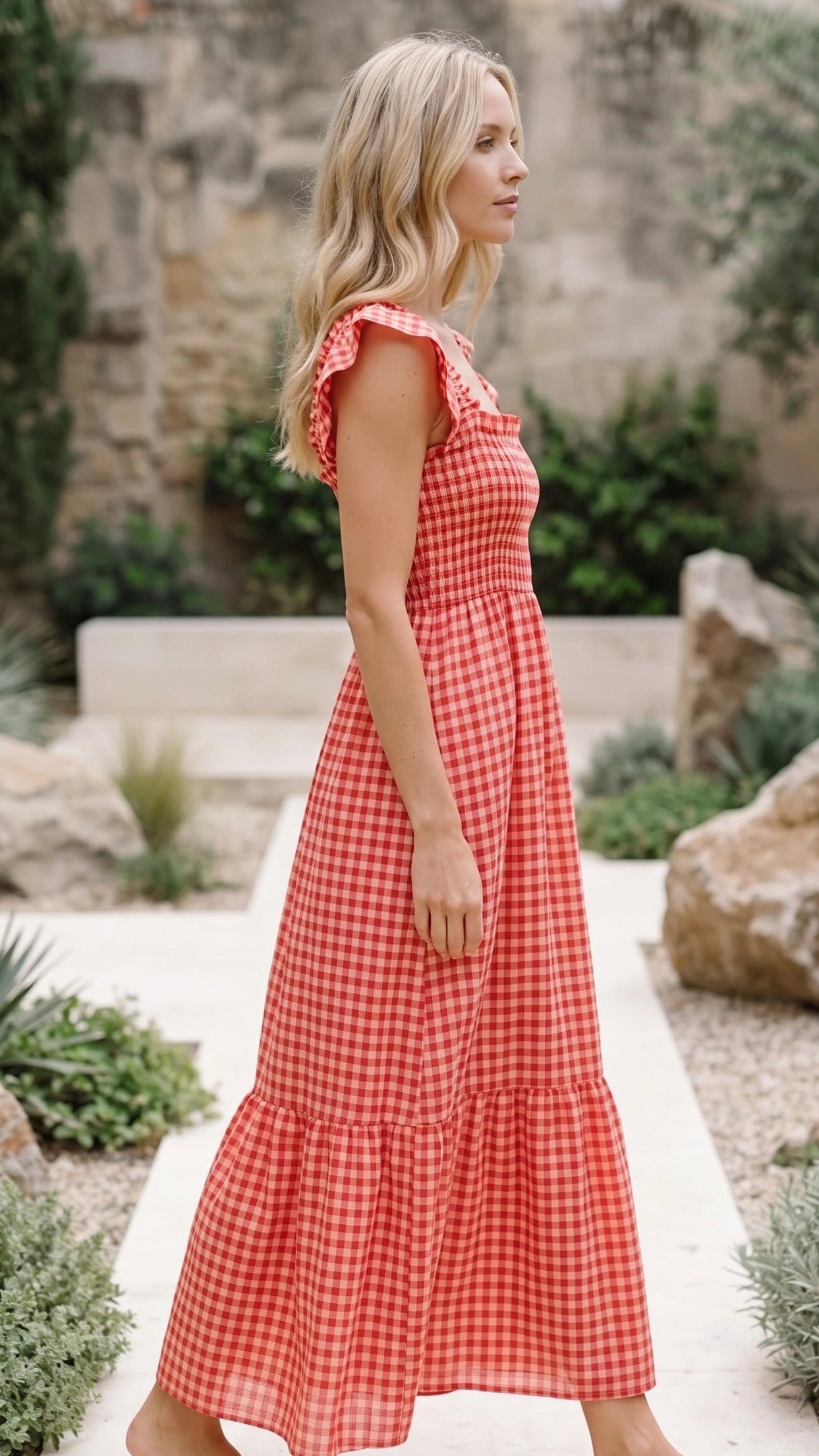Women’s Square Neck Smocked Gingham Ruffle Sleeve A Line Maxi Dress