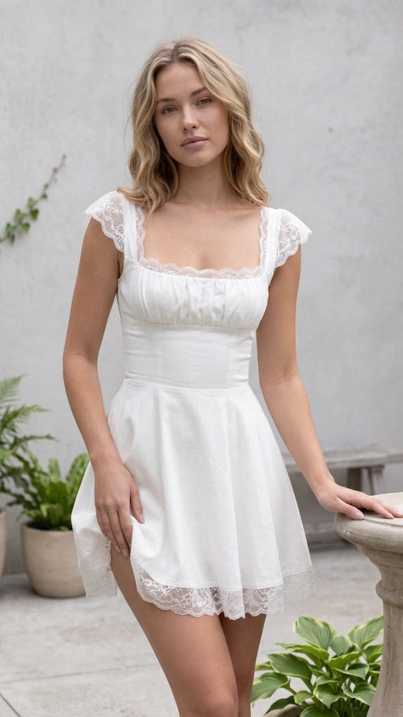 Women's Square Neck Flutter Sleeve Lace Trim Ruched A Line Mini Dress