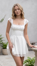 Women's Square Neck Flutter Sleeve Lace Trim Ruched A Line Mini Dress