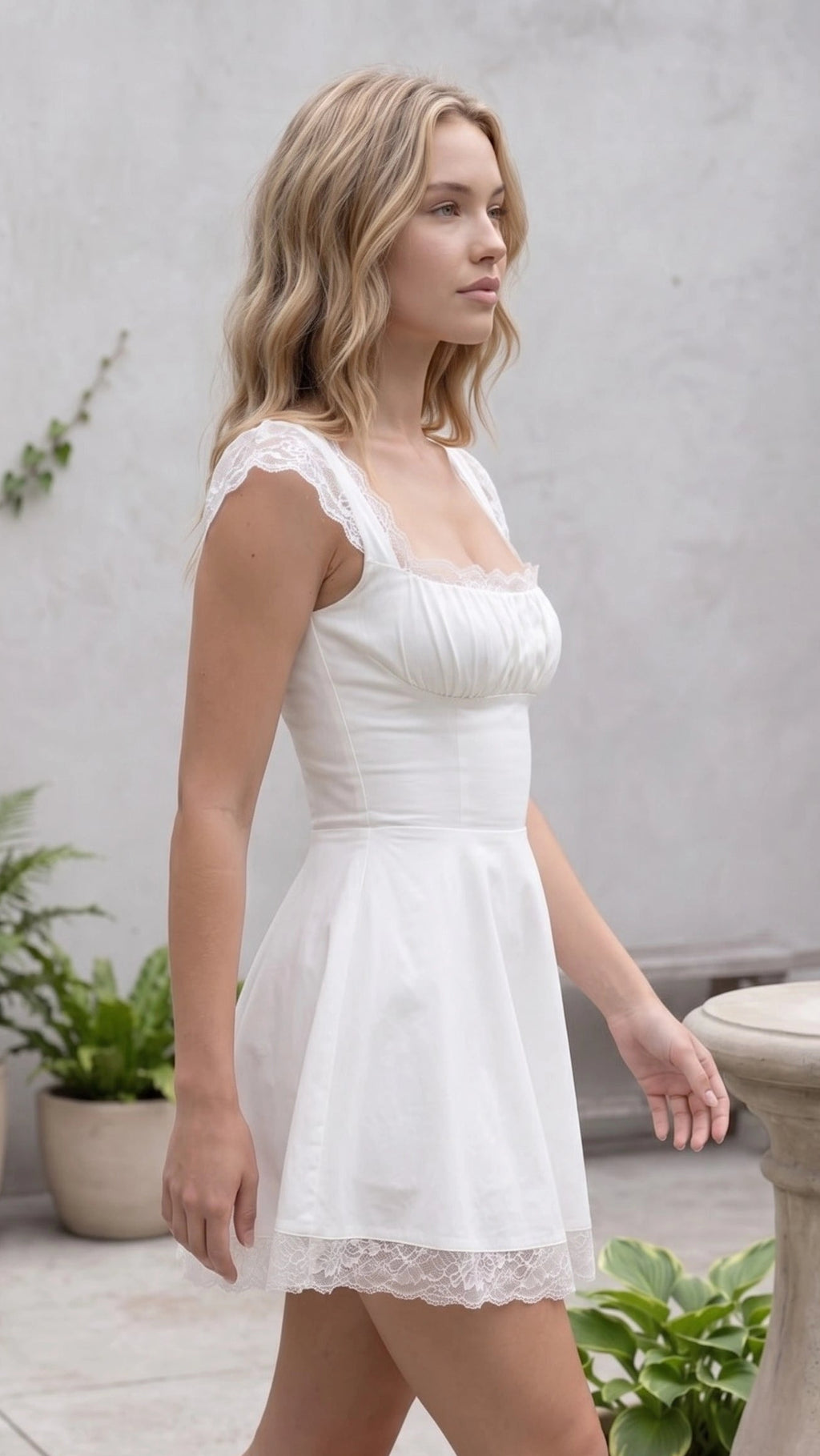 Women's Square Neck Flutter Sleeve Lace Trim Ruched A Line Mini Dress