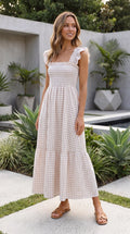 Women’s Square Neck Gingham Print Tiered Maxi Dress