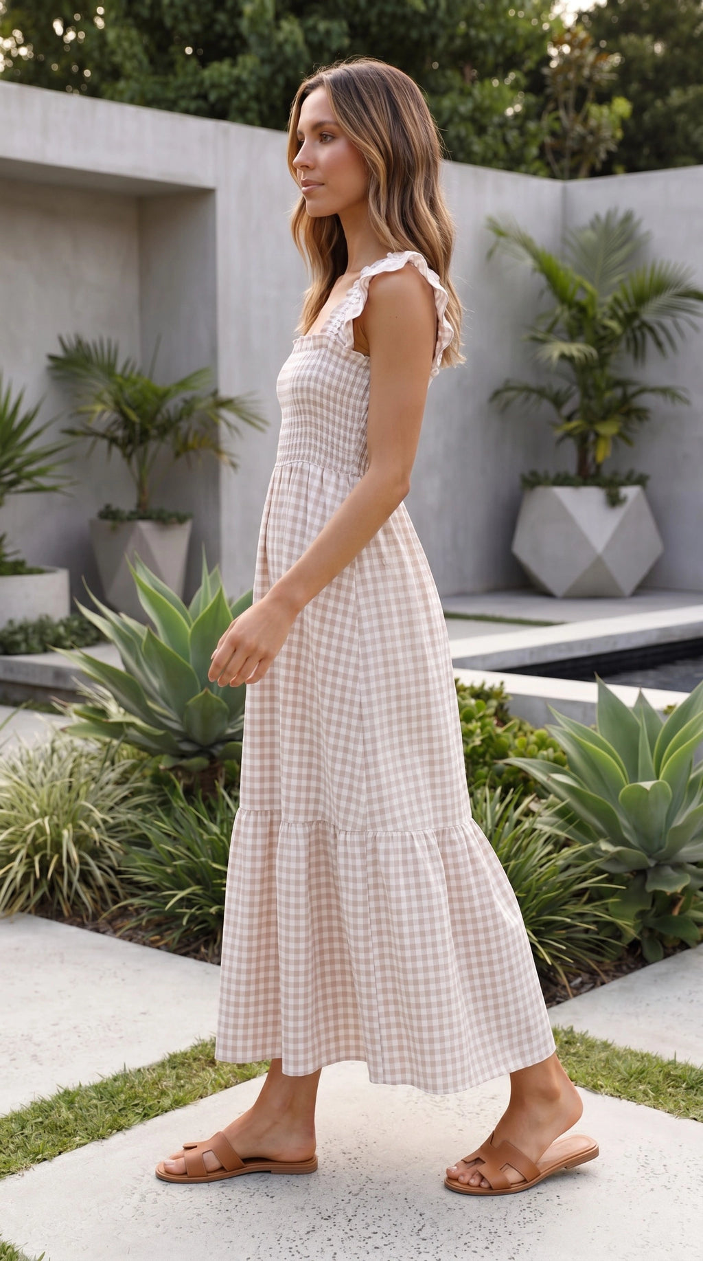 Women’s Square Neck Gingham Print Tiered Maxi Dress