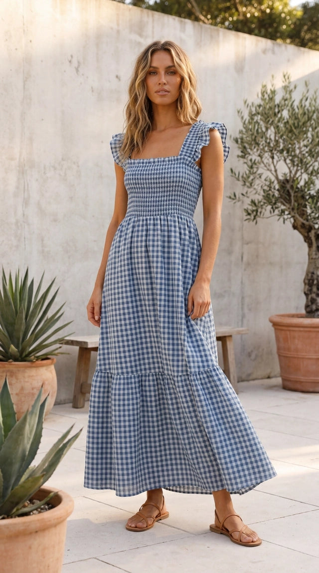 Women’s Square Neck Gingham Print Tiered Maxi Dress