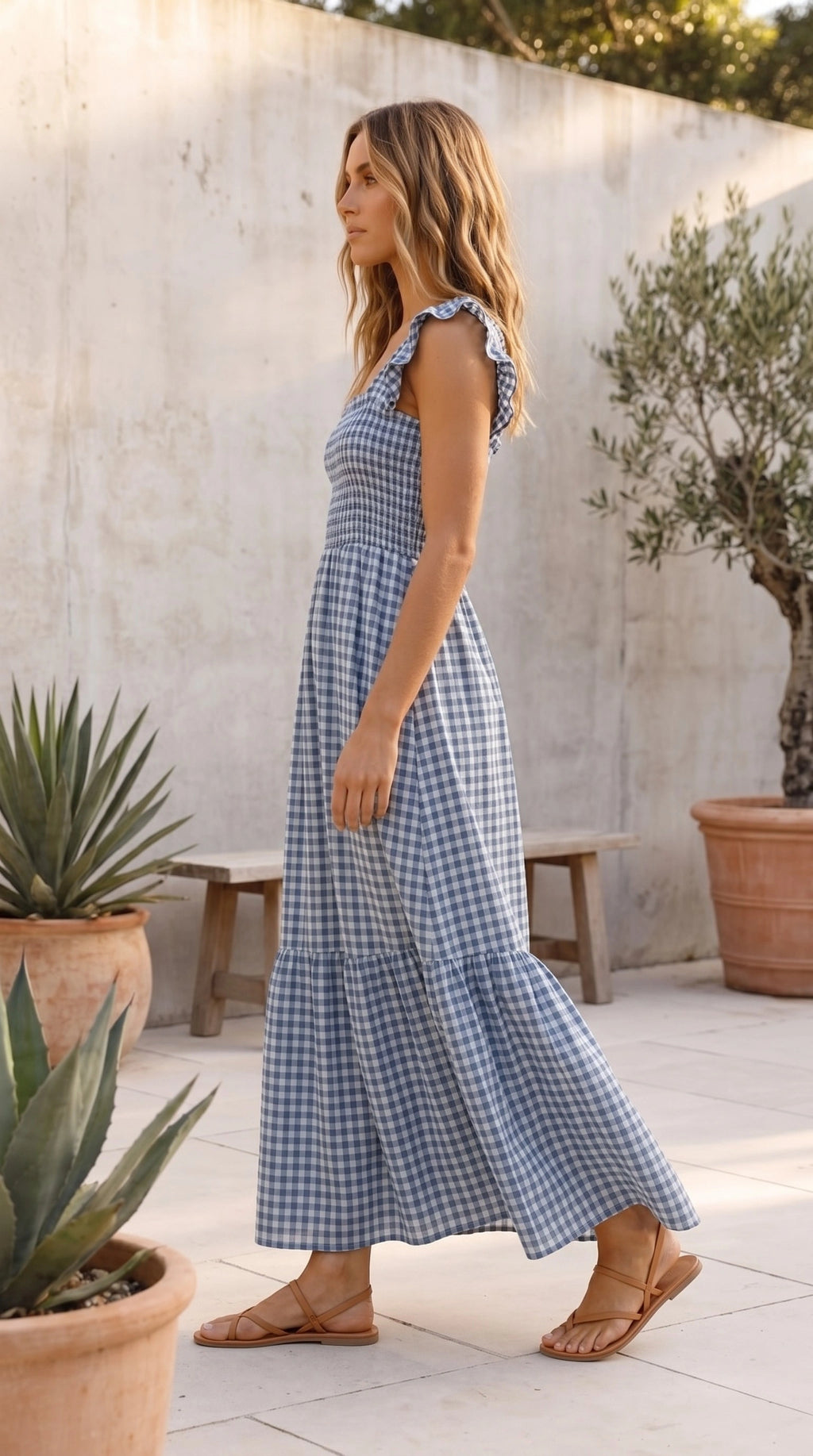 Women’s Square Neck Gingham Print Tiered Maxi Dress