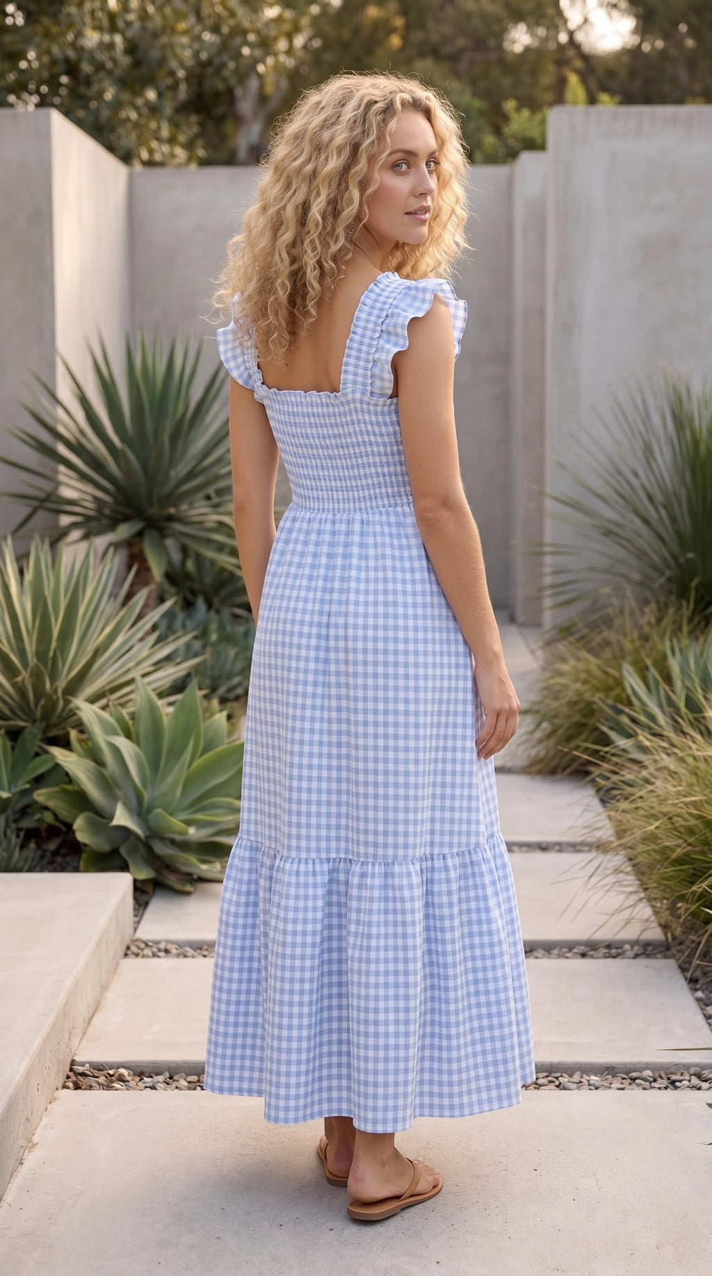 Women’s Square Neck Gingham Print Tiered Maxi Dress