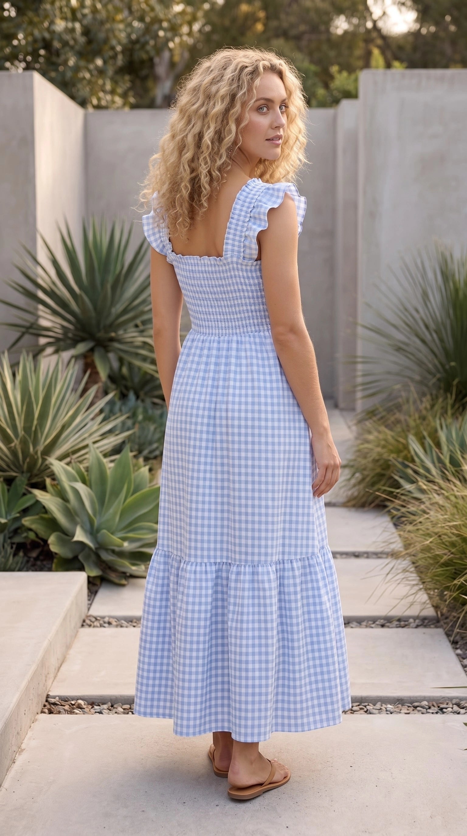 Women’s Square Neck Gingham Print Tiered Maxi Dress