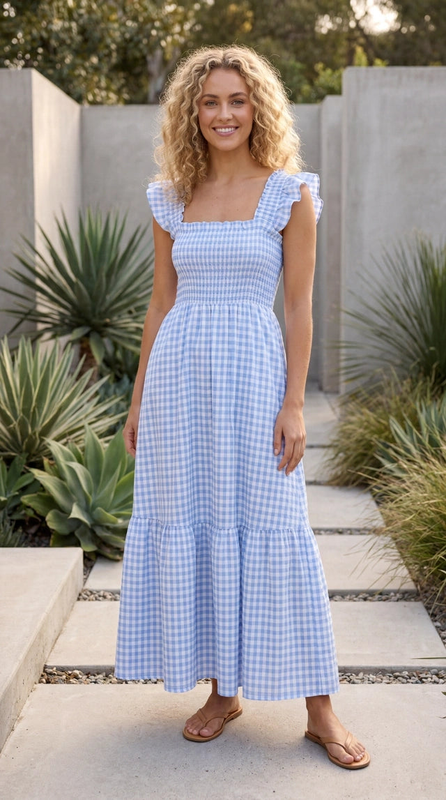 Women’s Square Neck Gingham Print Tiered Maxi Dress