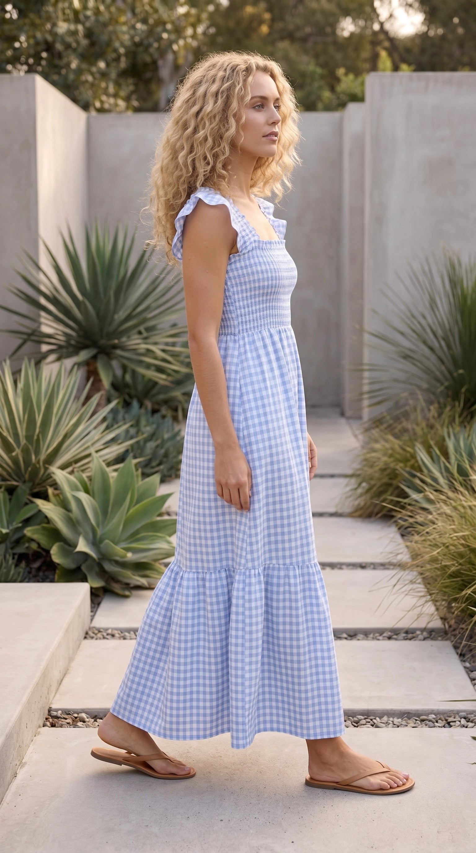Women’s Square Neck Gingham Print Tiered Maxi Dress