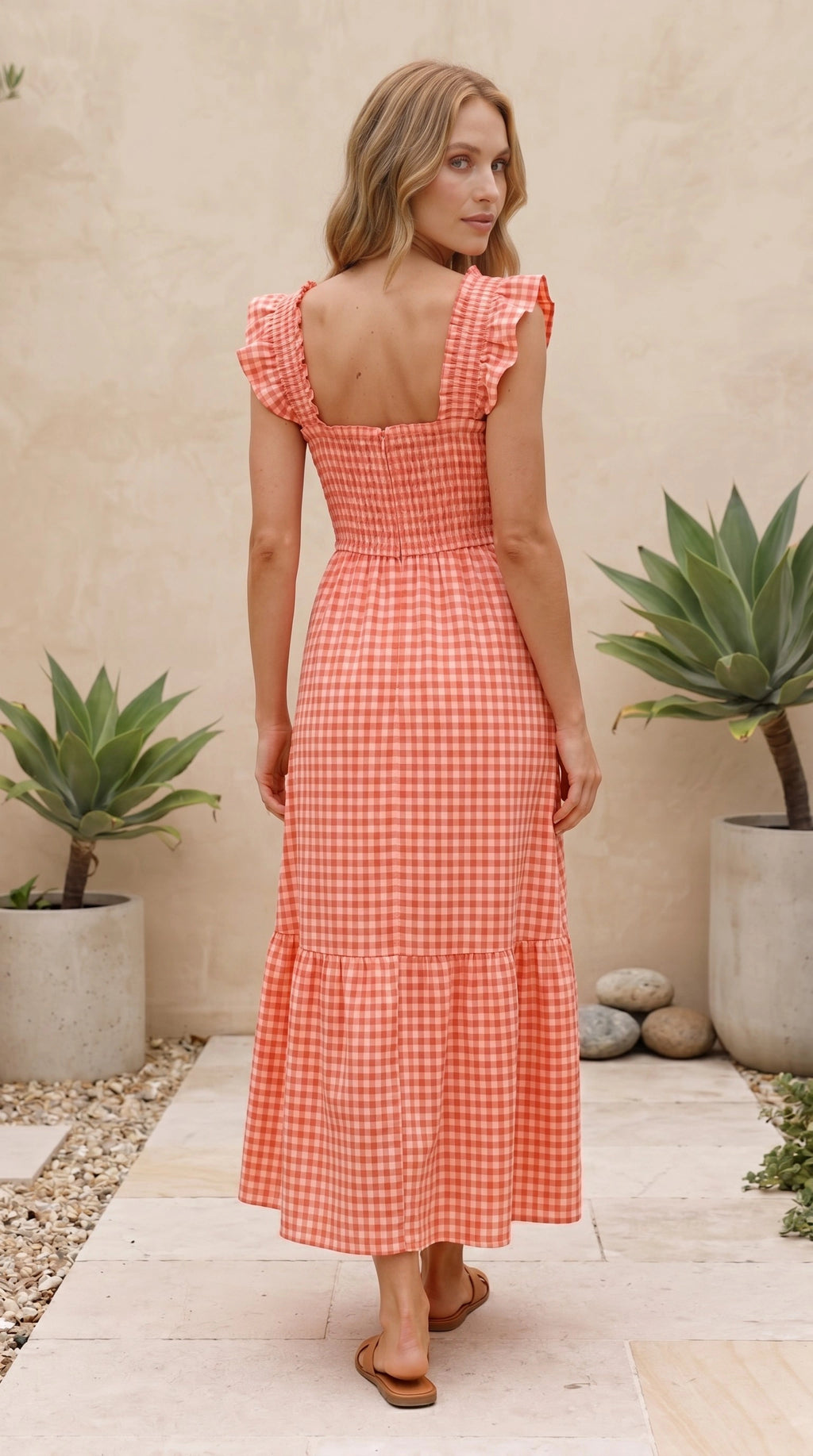 Women’s Square Neck Gingham Print Tiered Maxi Dress