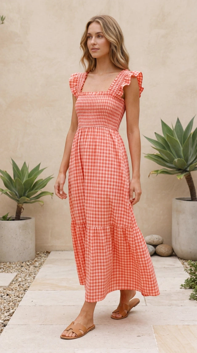 Women’s Square Neck Gingham Print Tiered Maxi Dress
