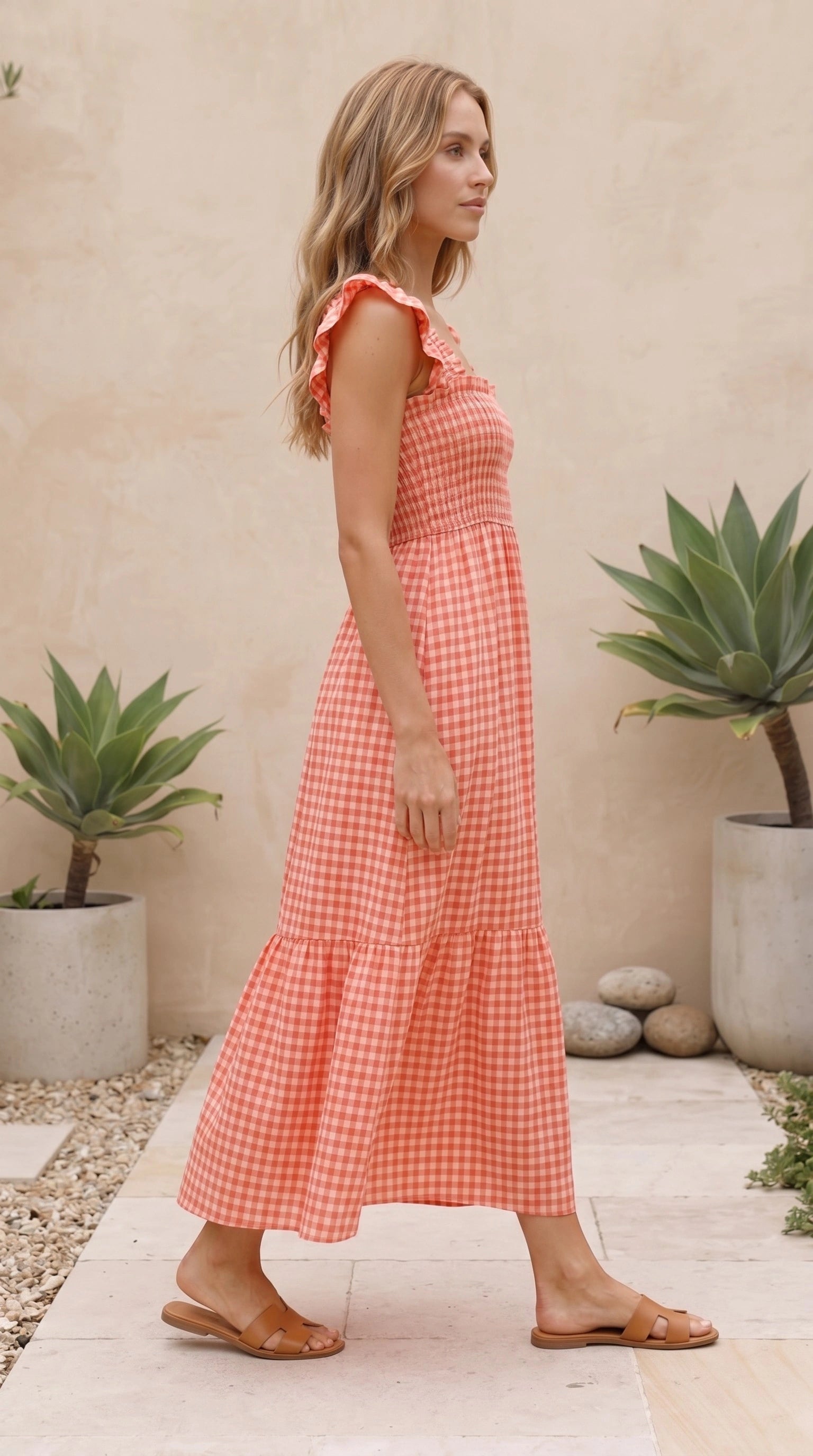 Women’s Square Neck Gingham Print Tiered Maxi Dress