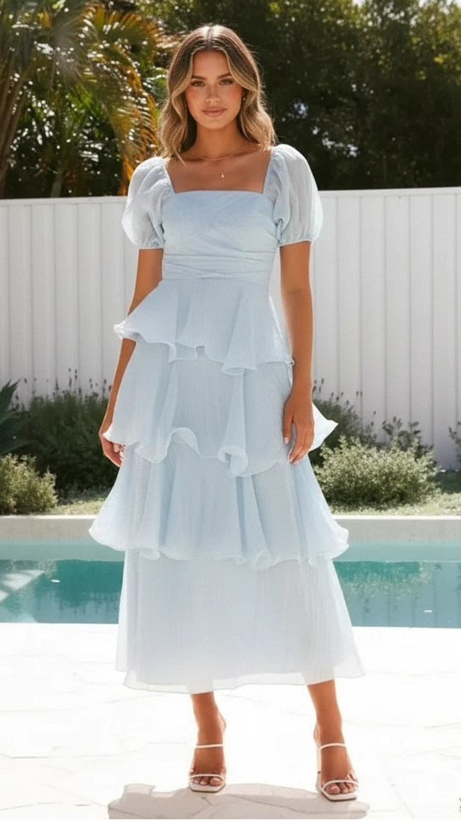 Women's Square Neck Tiered Ruffle Midi Dress