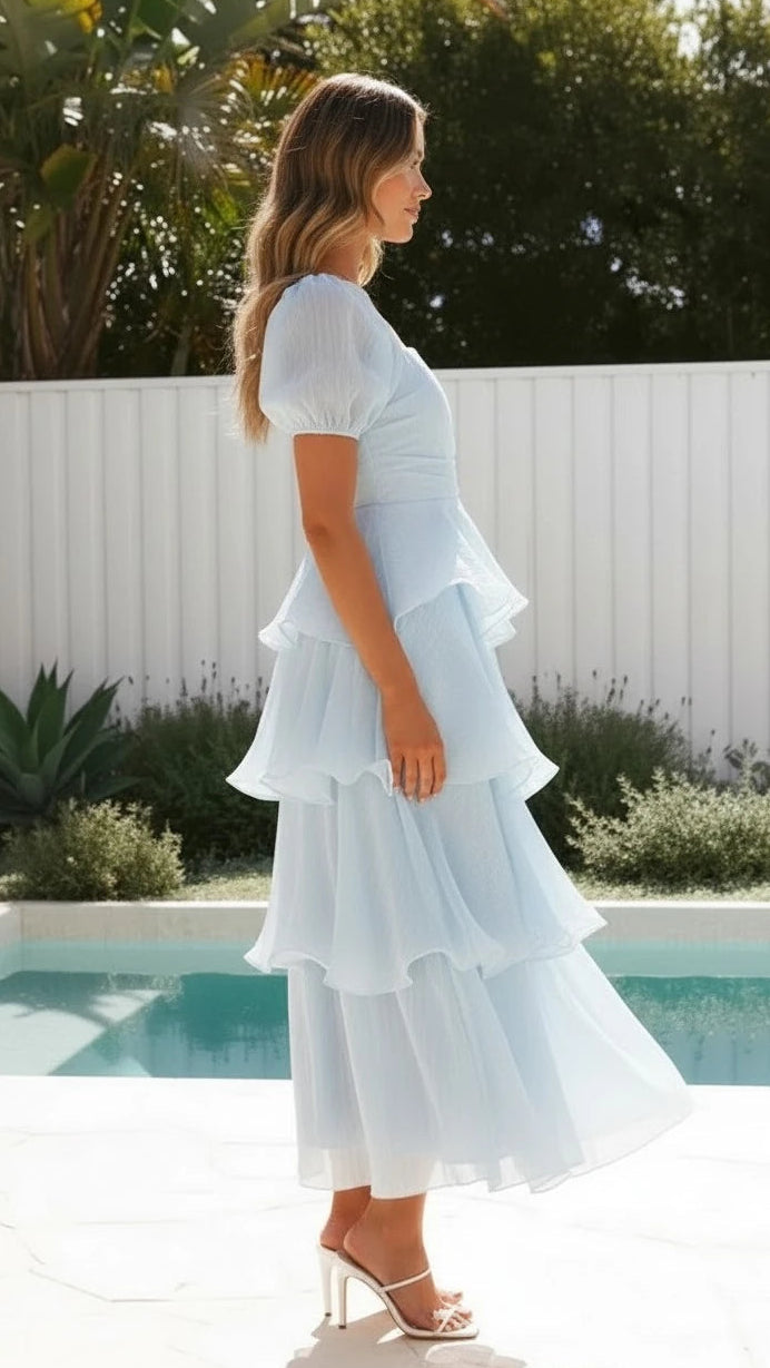 Women's Square Neck Tiered Ruffle Midi Dress