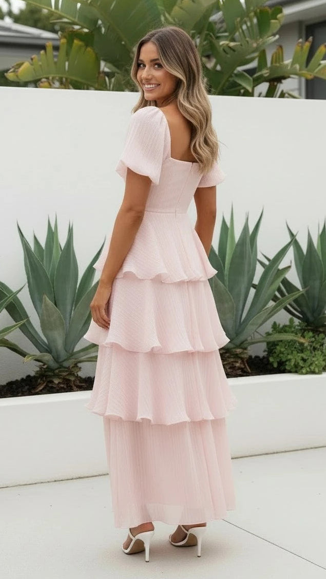 Women's Square Neck Tiered Ruffle Midi Dress