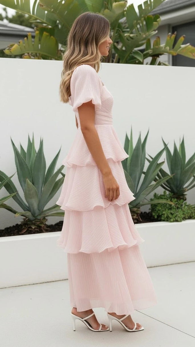 Women's Square Neck Tiered Ruffle Midi Dress