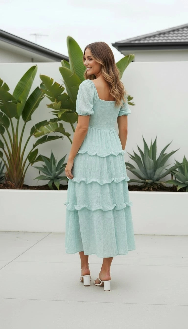 Women's Square Neck Puff Sleeve Tiered Ruffle Midi Dress