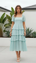 Women's Square Neck Puff Sleeve Tiered Ruffle Midi Dress