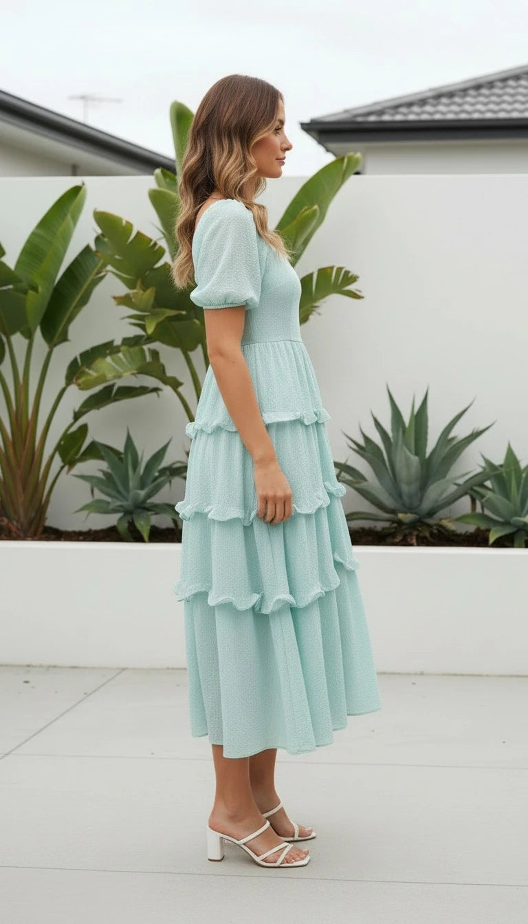 Women's Square Neck Puff Sleeve Tiered Ruffle Midi Dress