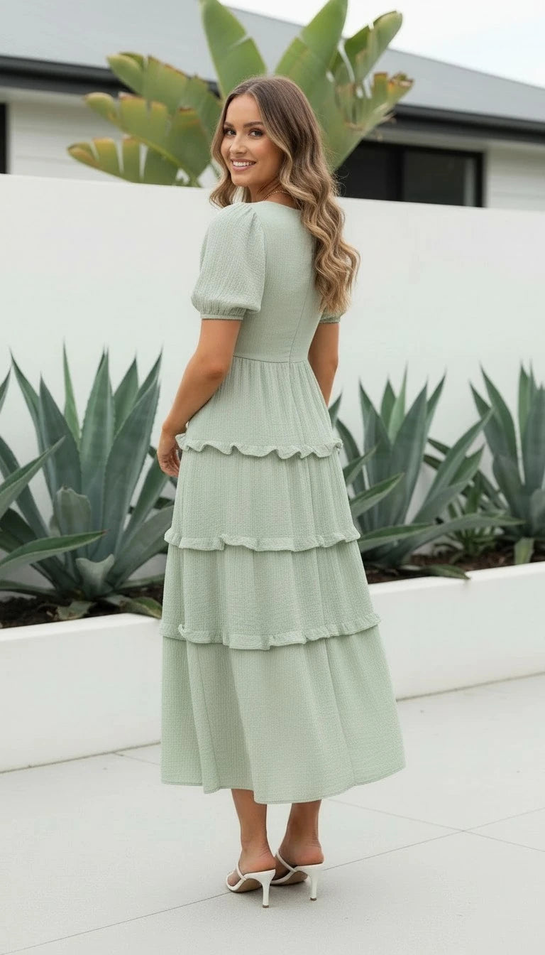 Women's Square Neck Puff Sleeve Tiered Ruffle Midi Dress