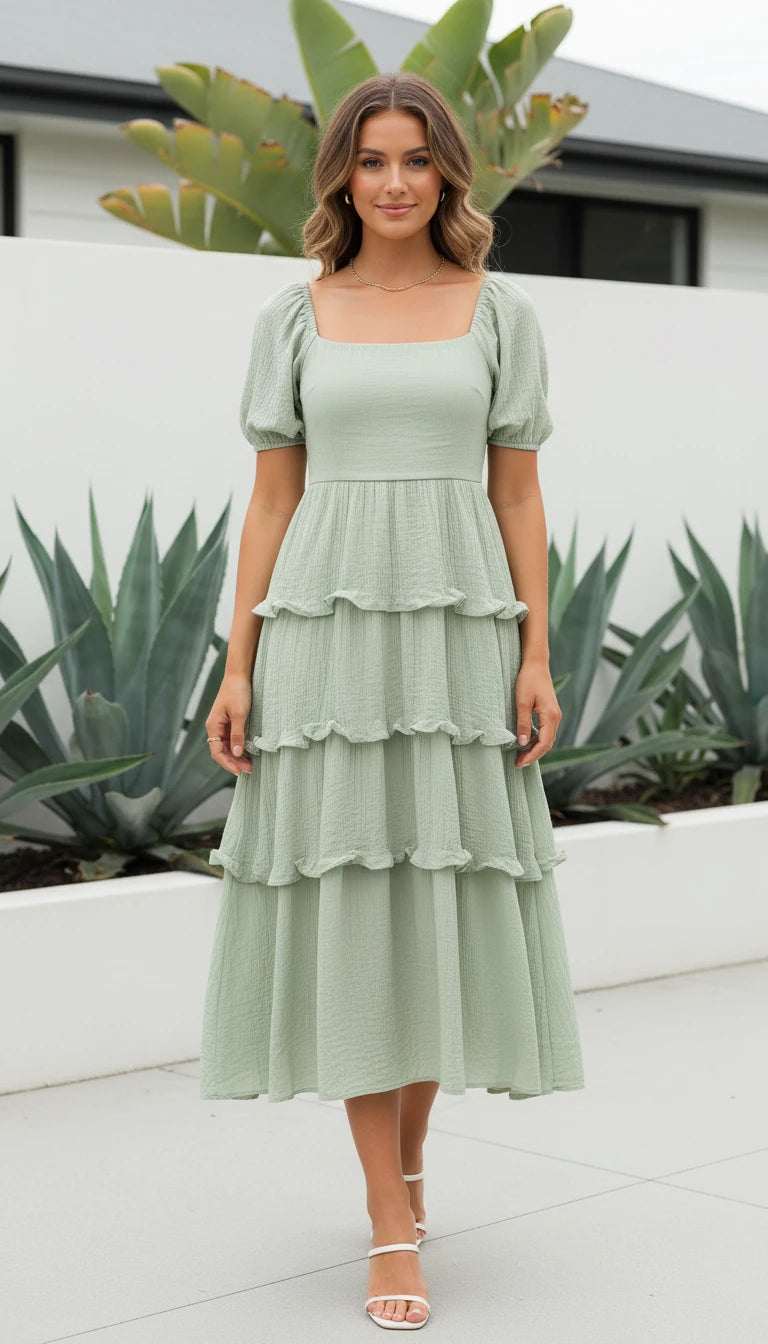 Women's Square Neck Puff Sleeve Tiered Ruffle Midi Dress