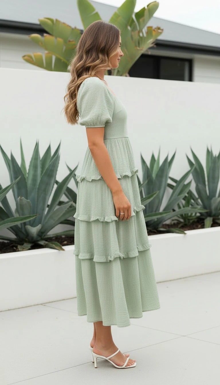 Women's Square Neck Puff Sleeve Tiered Ruffle Midi Dress