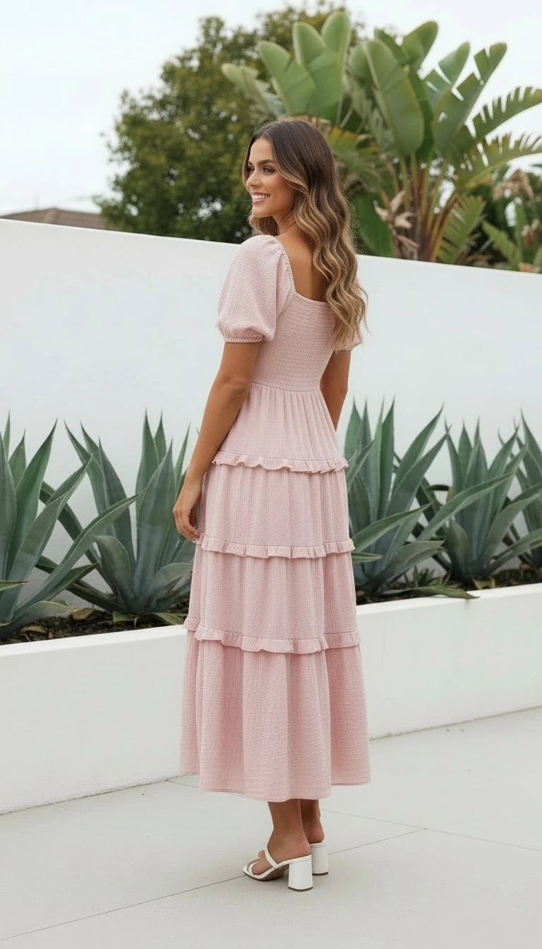 Women's Square Neck Puff Sleeve Tiered Ruffle Midi Dress