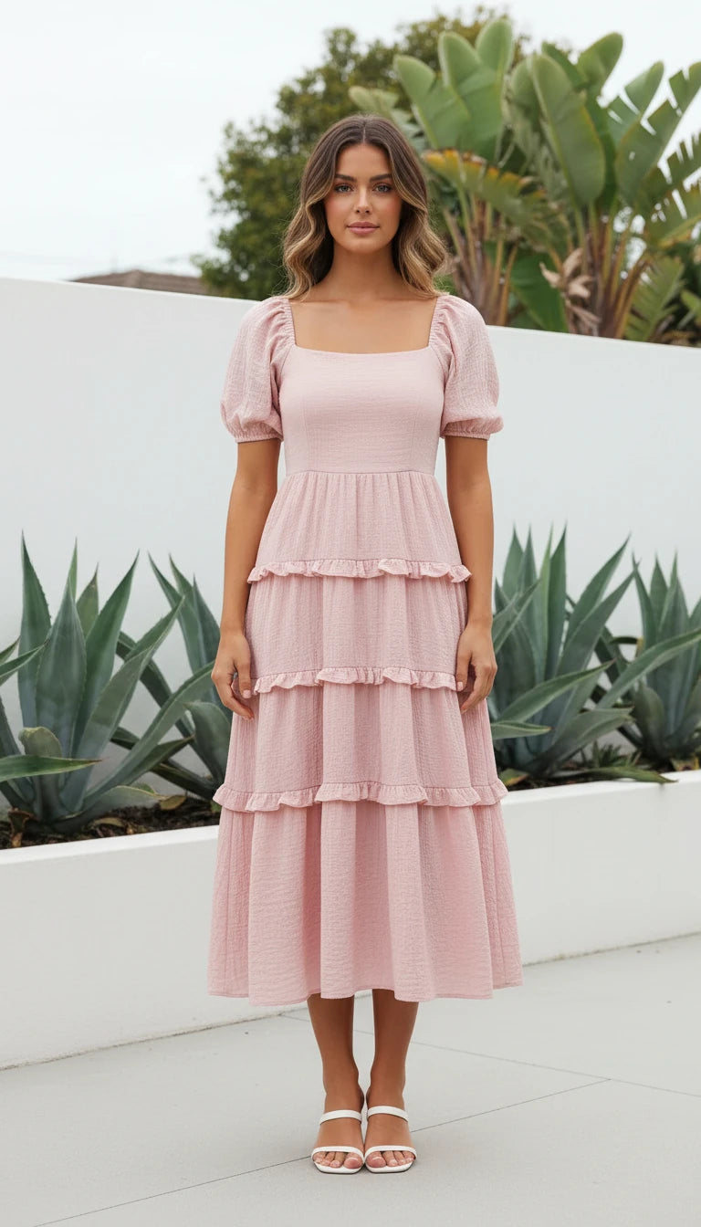 Women's Square Neck Puff Sleeve Tiered Ruffle Midi Dress