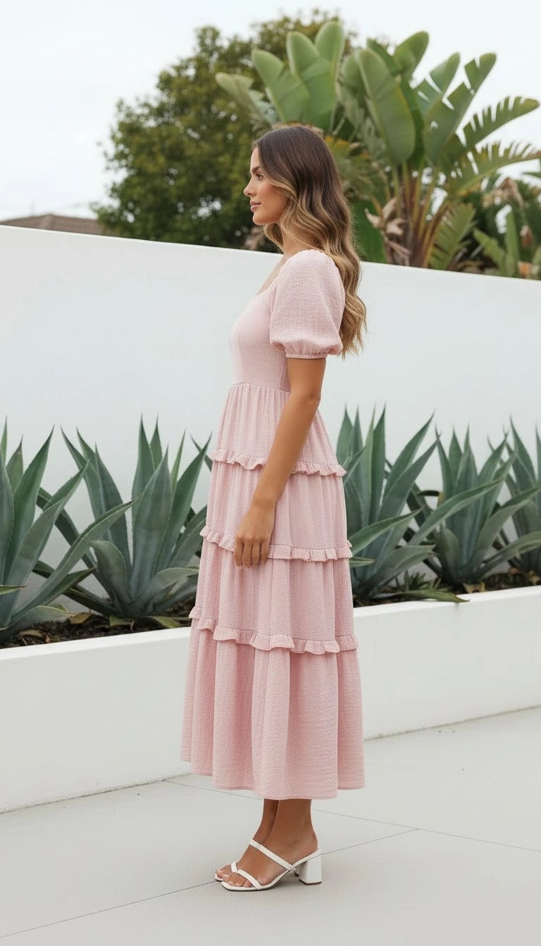 Women's Square Neck Puff Sleeve Tiered Ruffle Midi Dress