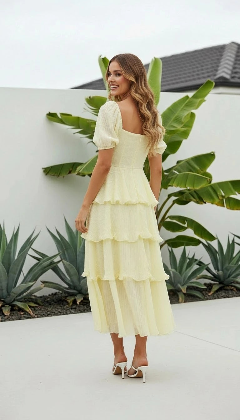 Women's Square Neck Puff Sleeve Tiered Ruffle Midi Dress