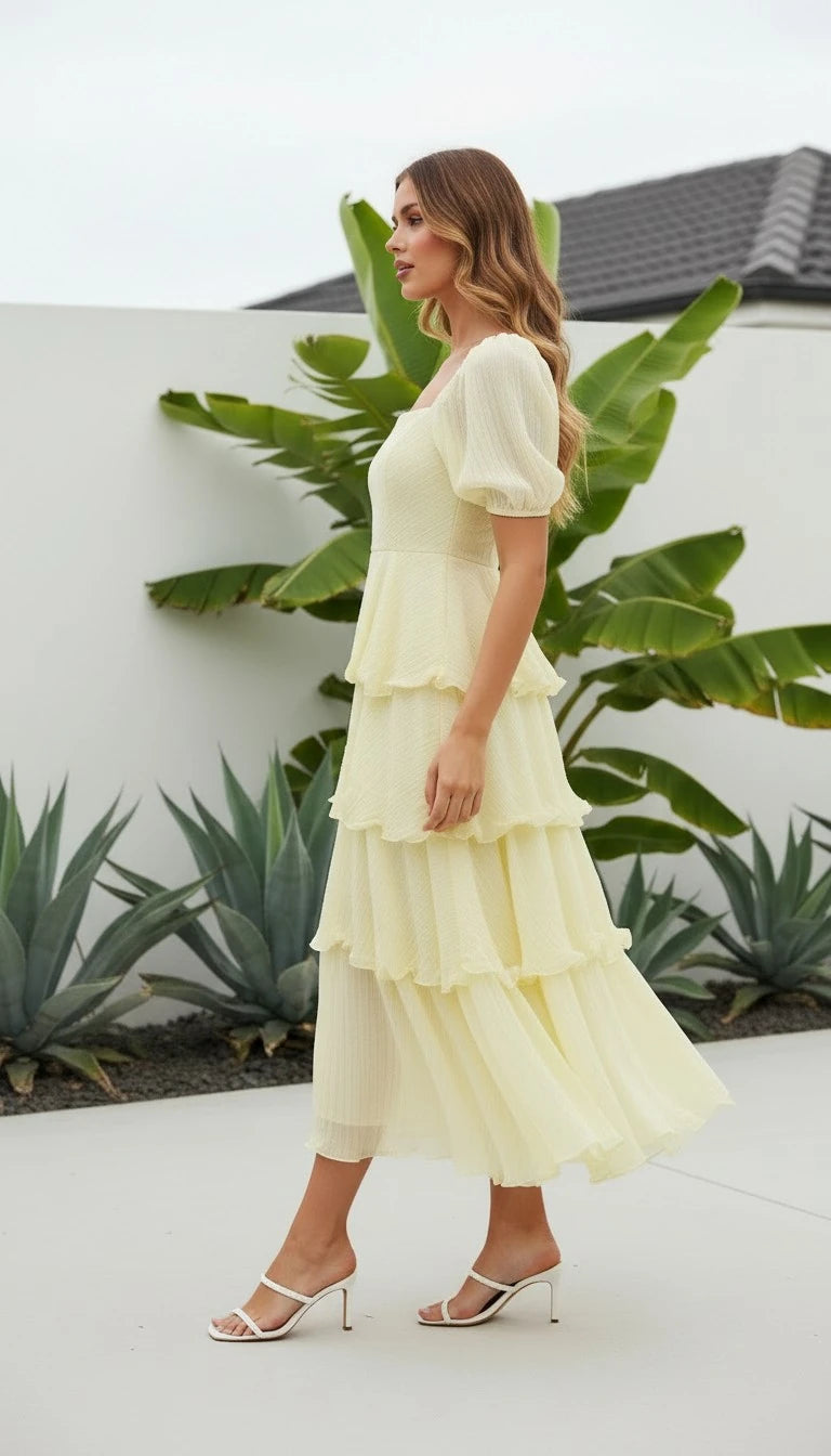 Women's Square Neck Puff Sleeve Tiered Ruffle Midi Dress