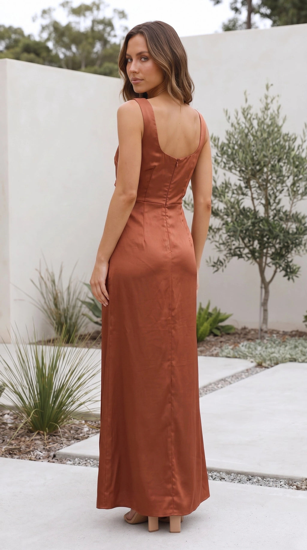 Women’s Square Neck Satin Side Split Maxi Evening Dress