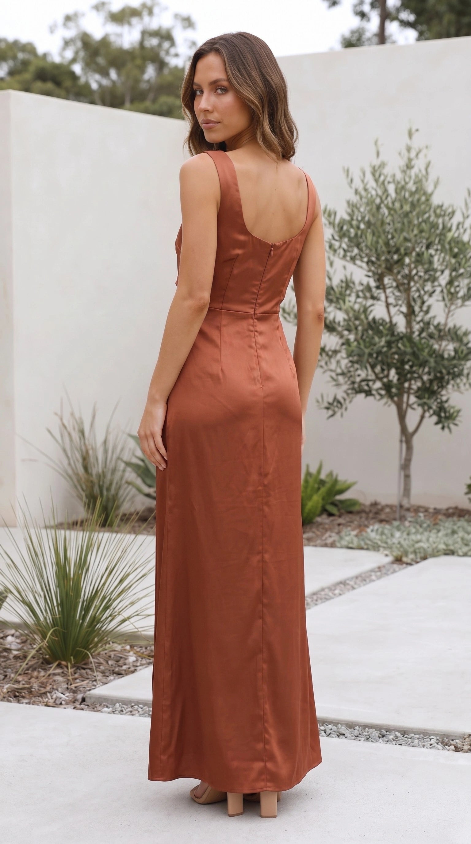 Women’s Square Neck Satin Side Split Maxi Evening Dress
