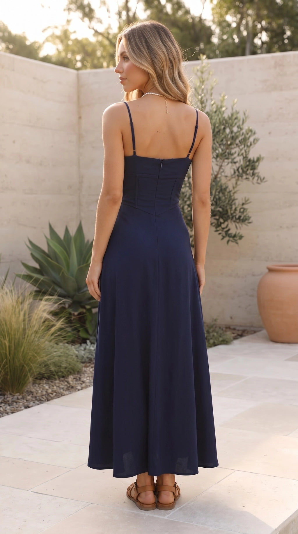 Women's Square Neck Spaghetti Strap A-Line Maxi Dress