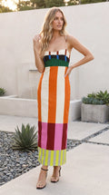 Women's Square Neck Spaghetti Strap Colour Block Midi Dress