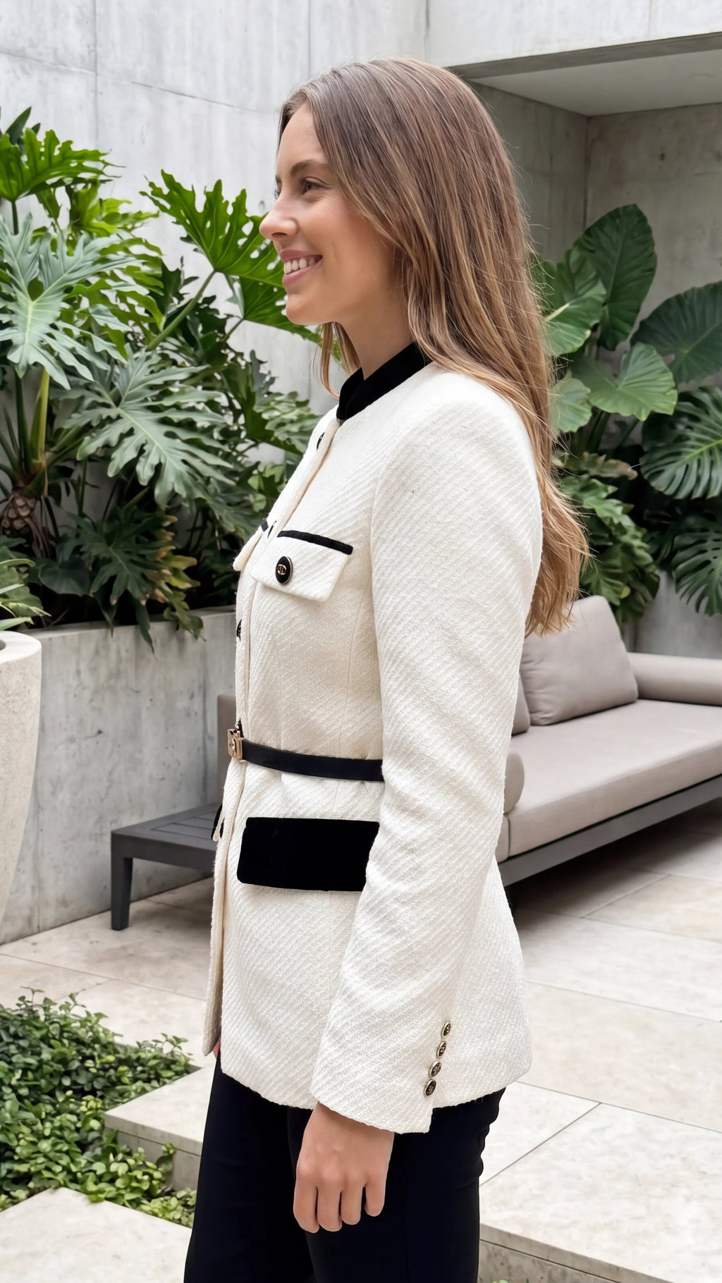 Women's Belted Contrast Trim Jacket With Flap Pockets and Buttoned Closure