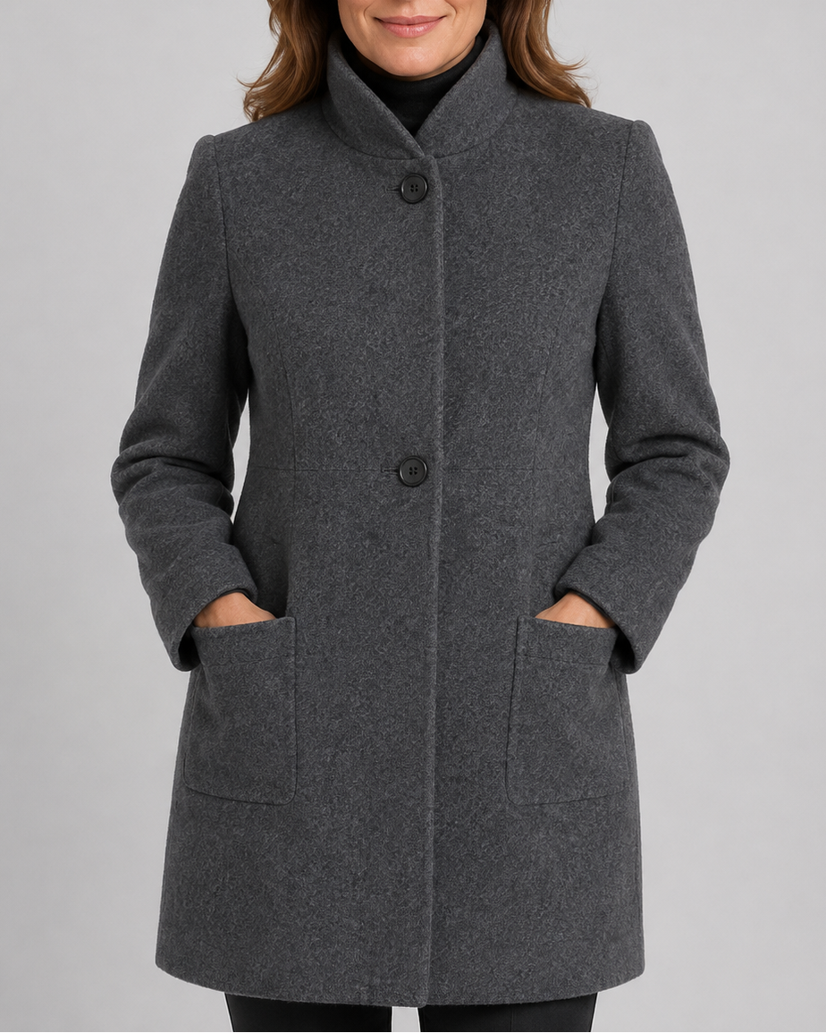 Women's Tailored Wool Blend Coat with Stand Collar and Button Front