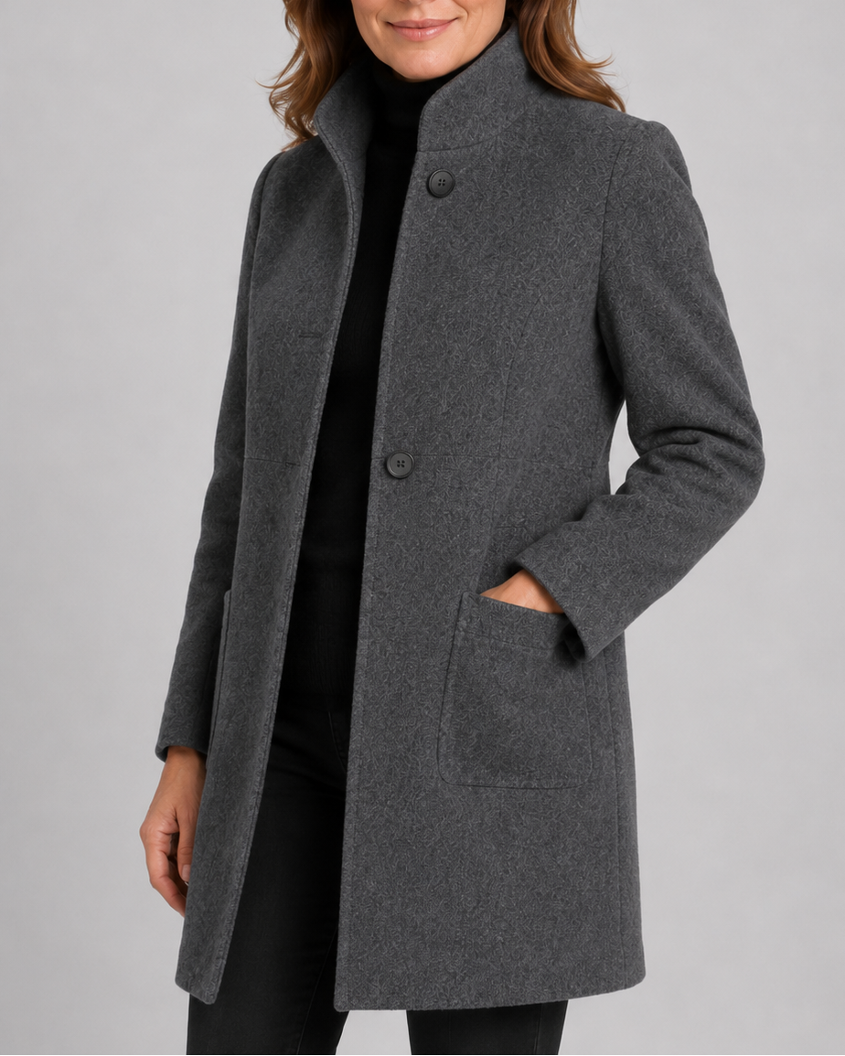 Women's Tailored Wool Blend Coat with Stand Collar and Button Front