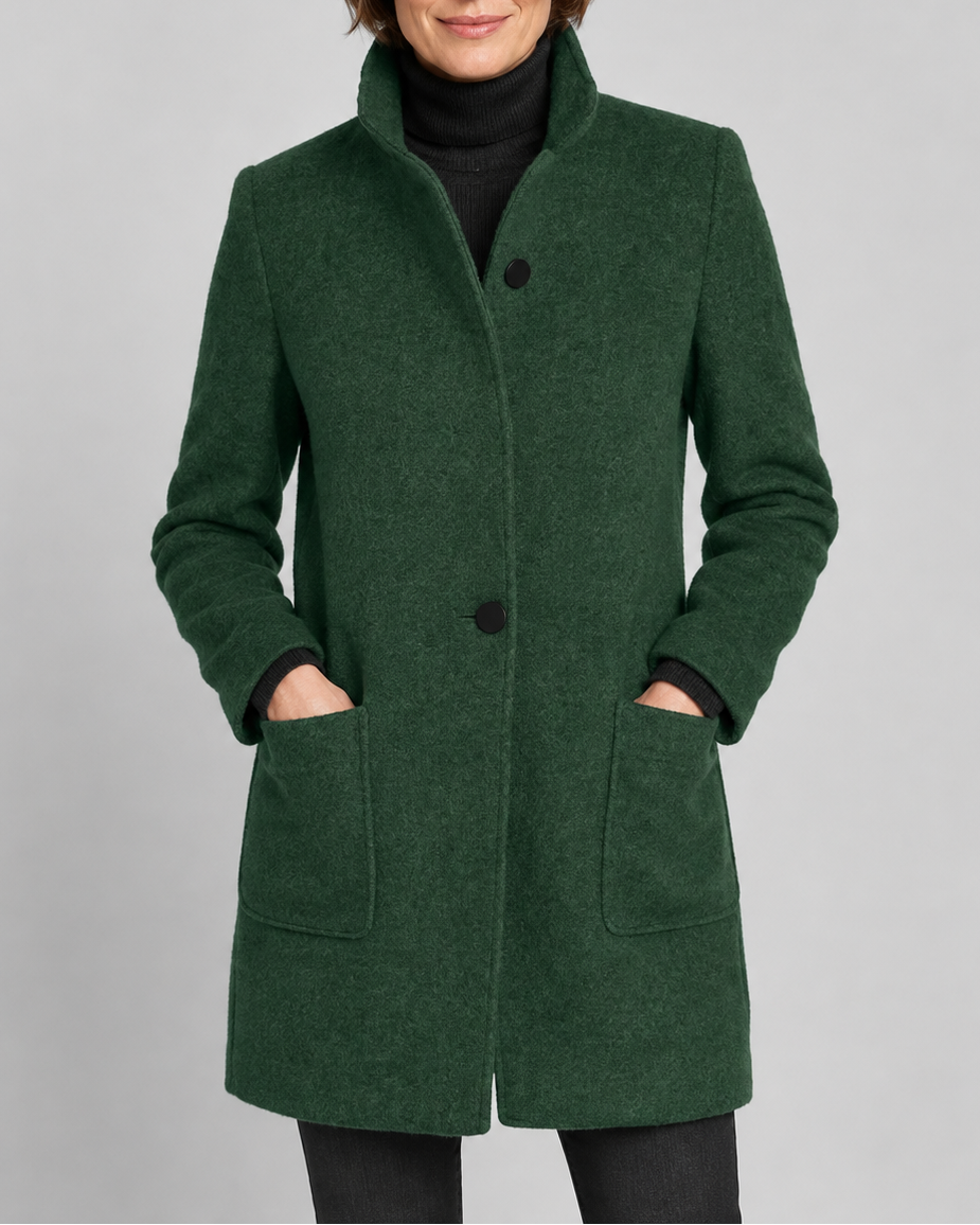 Women's Tailored Wool Blend Coat with Stand Collar and Button Front