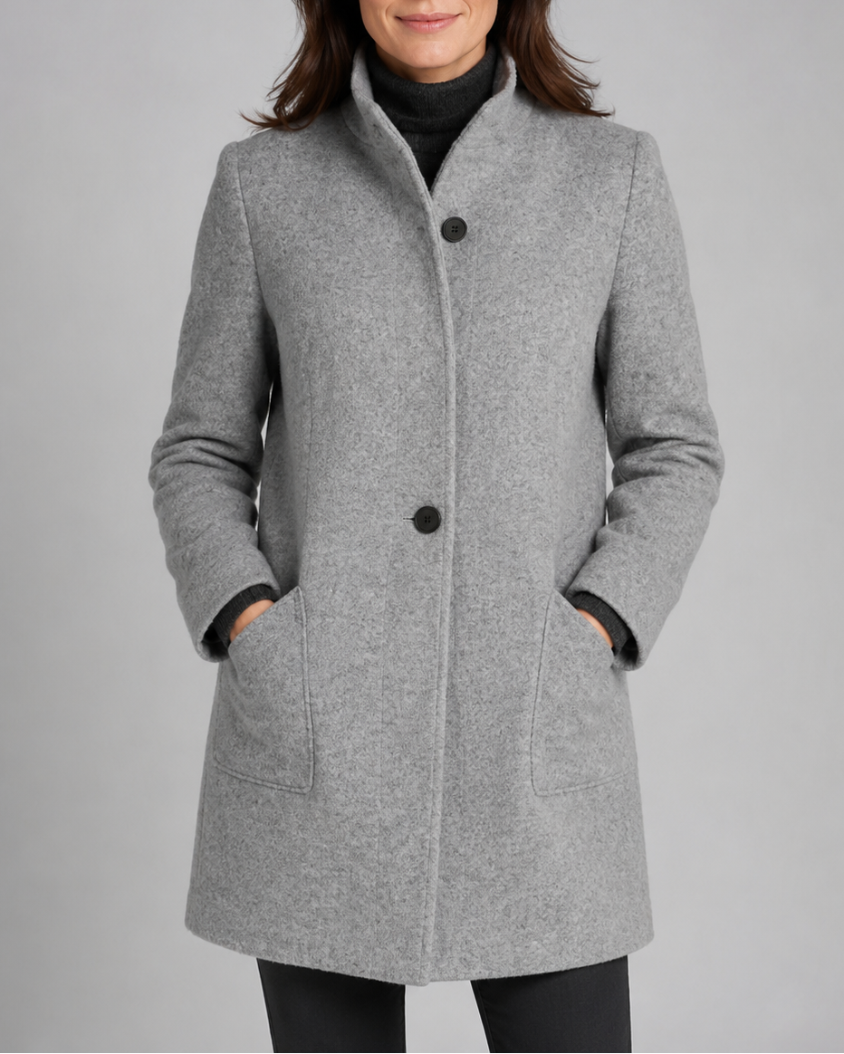 Women's Tailored Wool Blend Coat with Stand Collar and Button Front