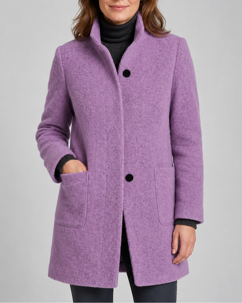Women's Tailored Wool Blend Coat with Stand Collar and Button Front