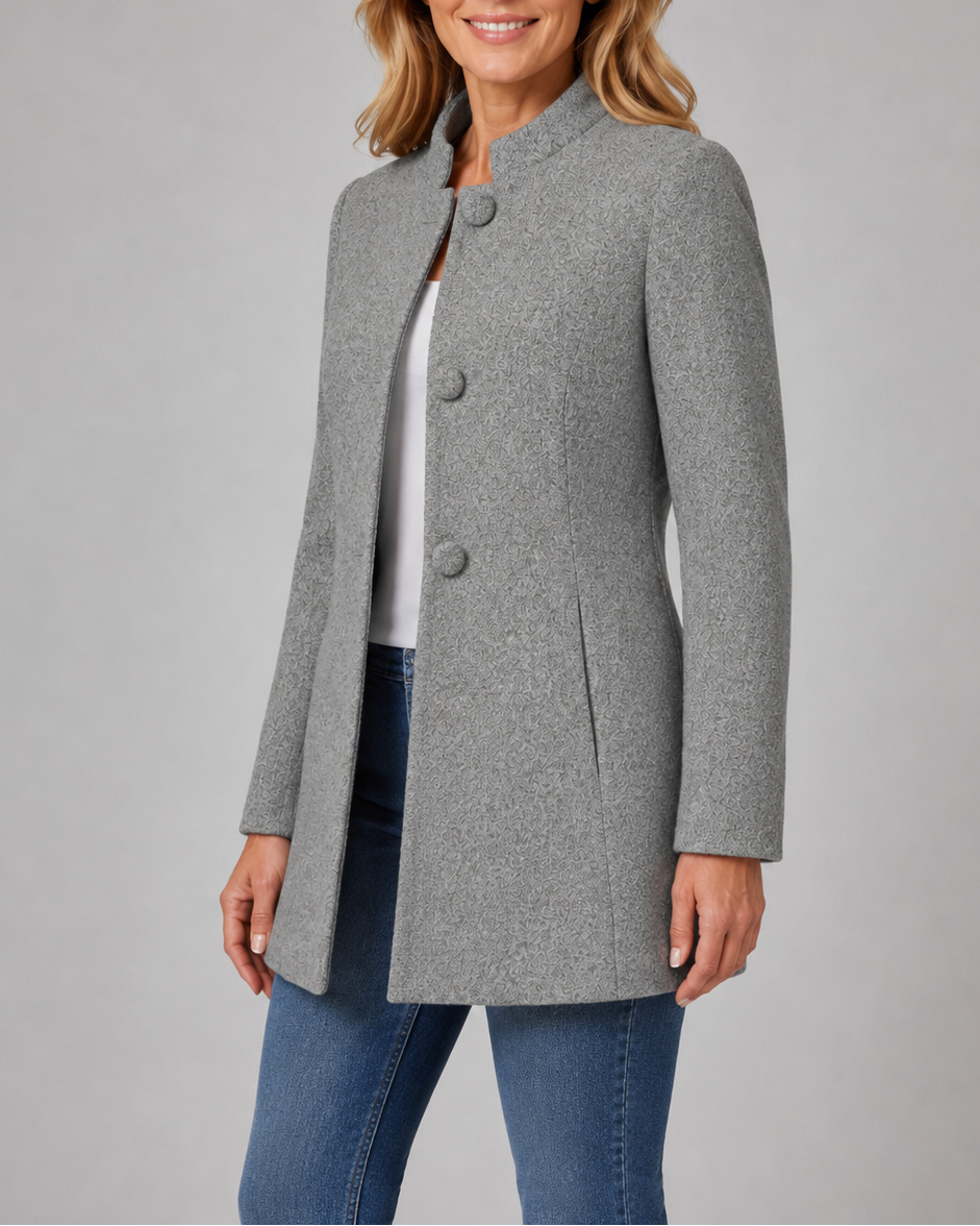 Women's Button Front Coat with Stand Collar and Side Pockets