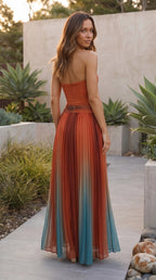 Women's Strapless Cut Out Pleated Ombre Maxi Dress