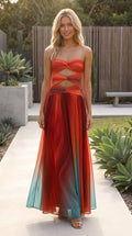 Women’s Strapless Cut Out Pleated Ombre Maxi Dress