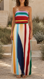 Women's Striped Strapless Pleated Bandeau Flowy Maxi Dress