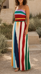 Women's Striped Strapless Pleated Bandeau Flowy Maxi Dress