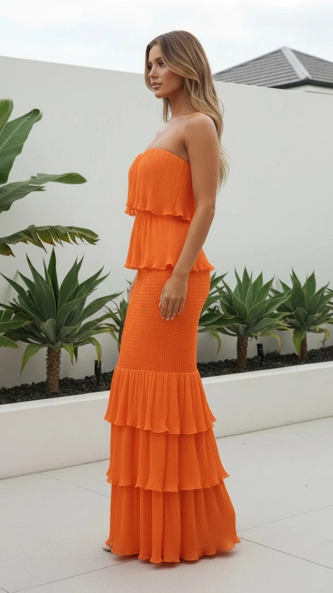 Women's Strapless Pleated Tiered Ruffle Maxi Dress