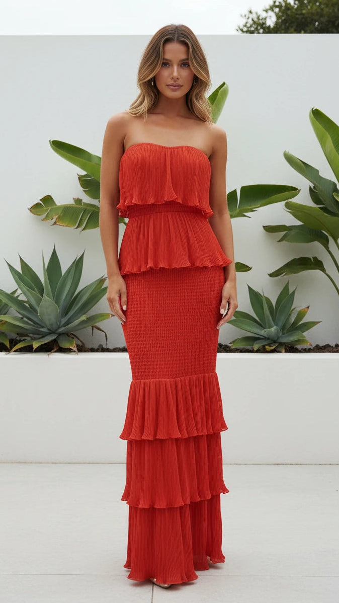 Women's Strapless Pleated Tiered Ruffle Maxi Dress